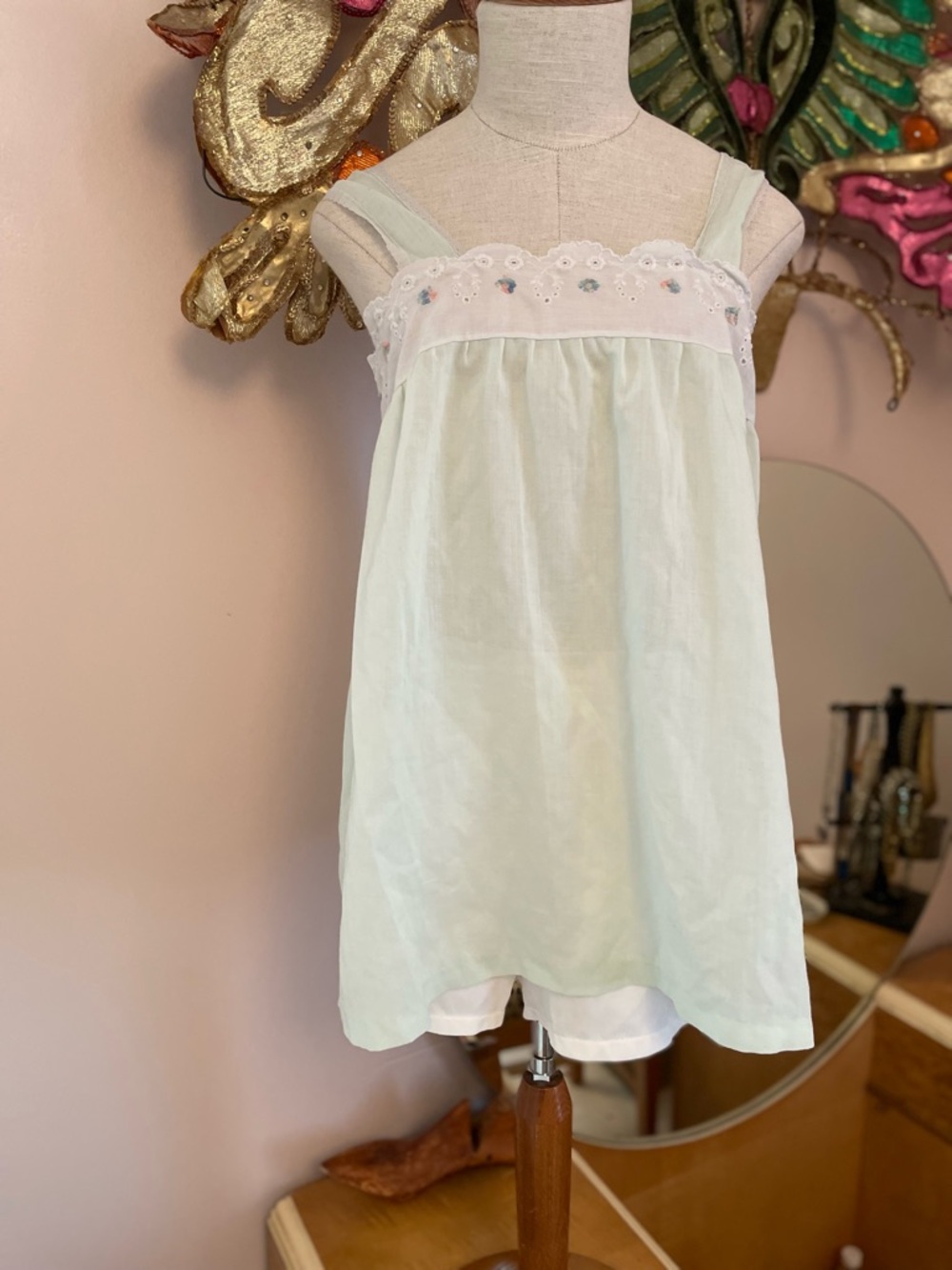 Light Mint Embroidered Cotton Baby Doll Size M 1960s Vintage Lingerie